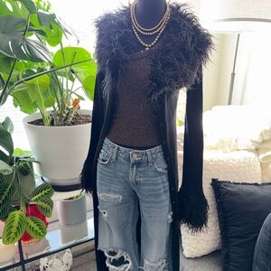 Fashion Nova Black Long Cardigan with Feather Trim